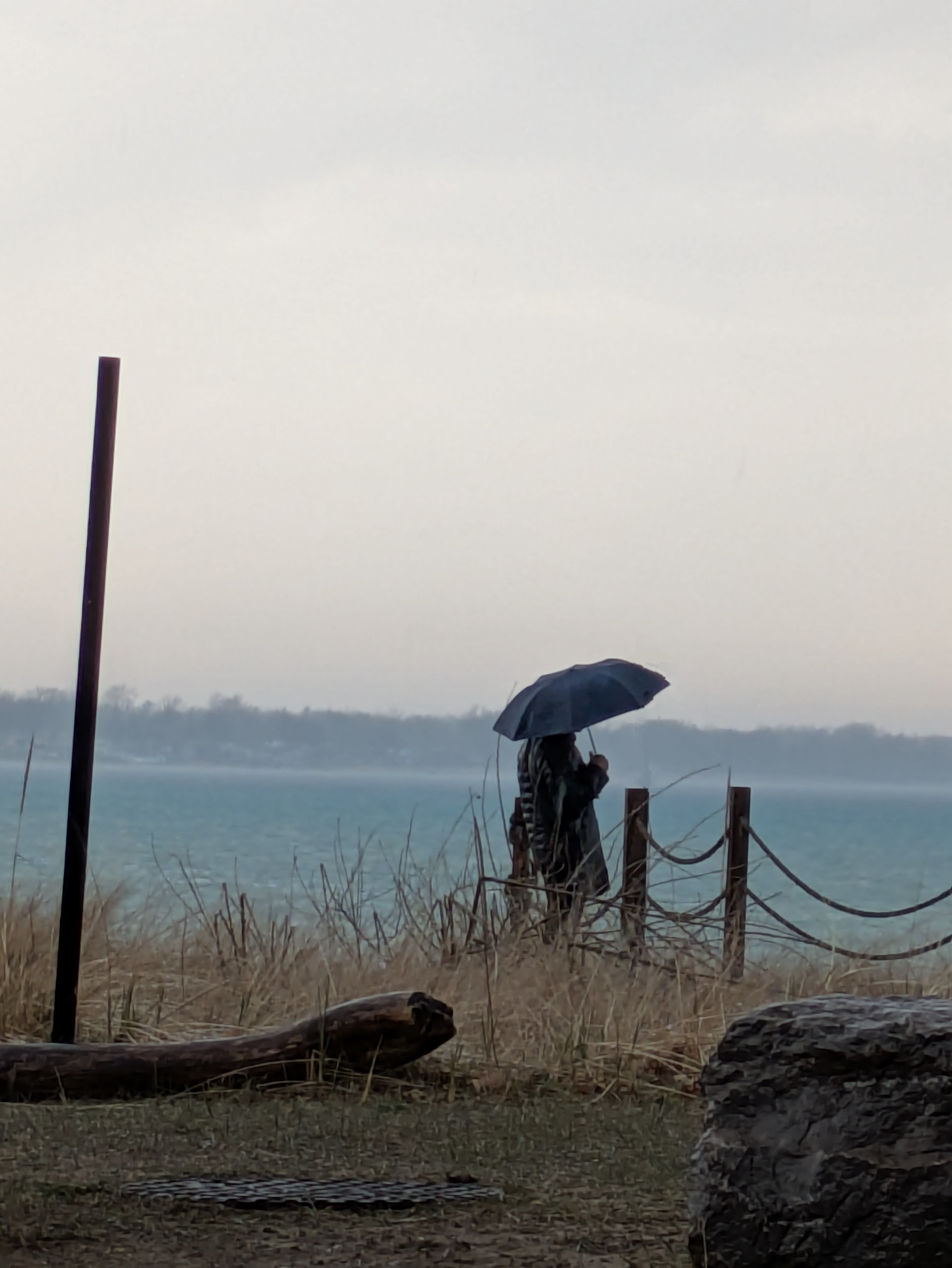 Two people walking on the beach under an umbrella on a grey and misty day