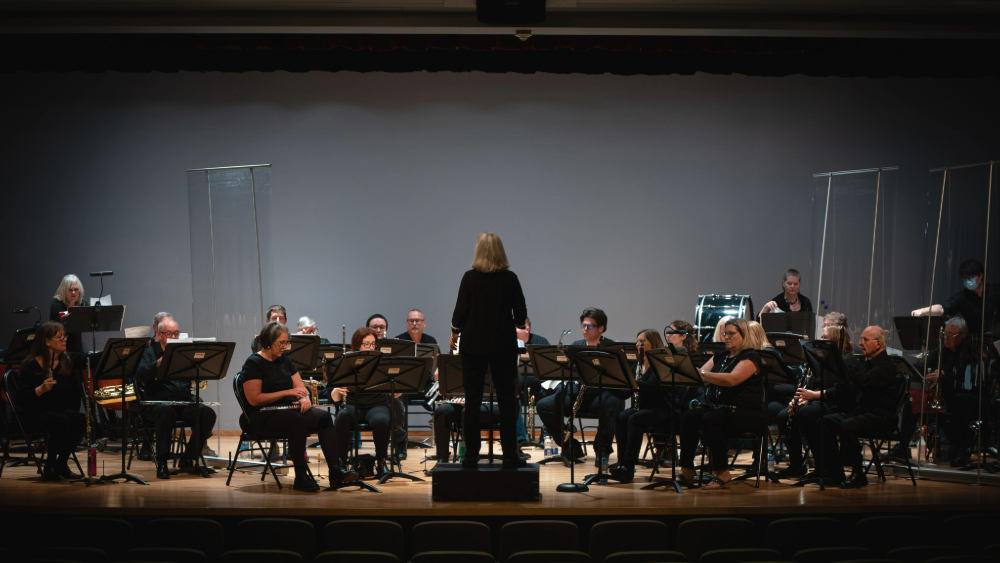 A band performs on stage at Sarnia Library Theatre.