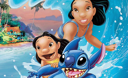 drawings of hawaiin girls, lilo and her sister surfing with stitch, a blue alien.