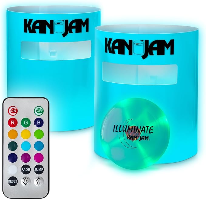 Illuminated lawn game called "Kan Jam"
