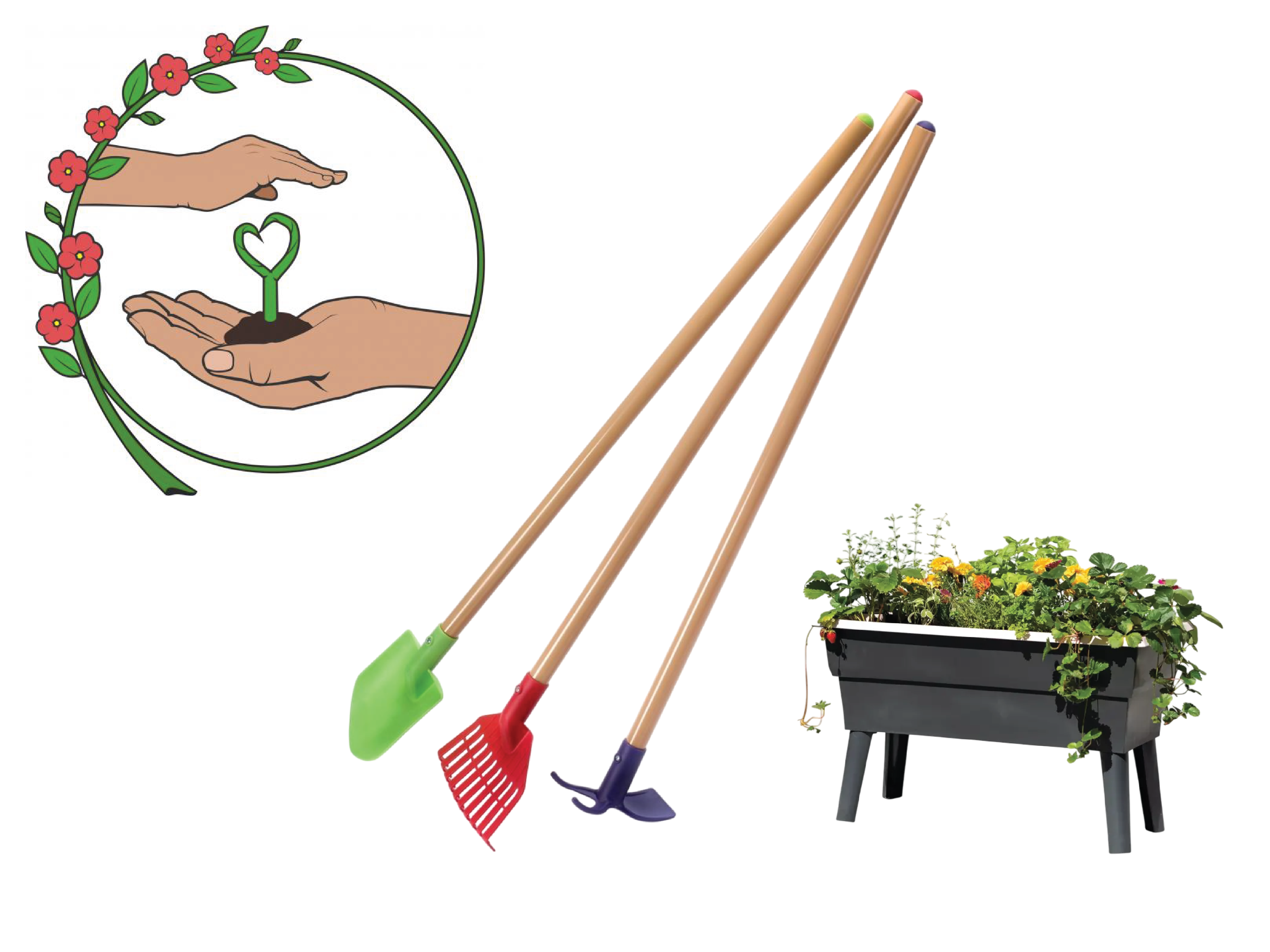 Maajiigin Gumig greenhouse logo, a raised planter, and kids gardening tools.
