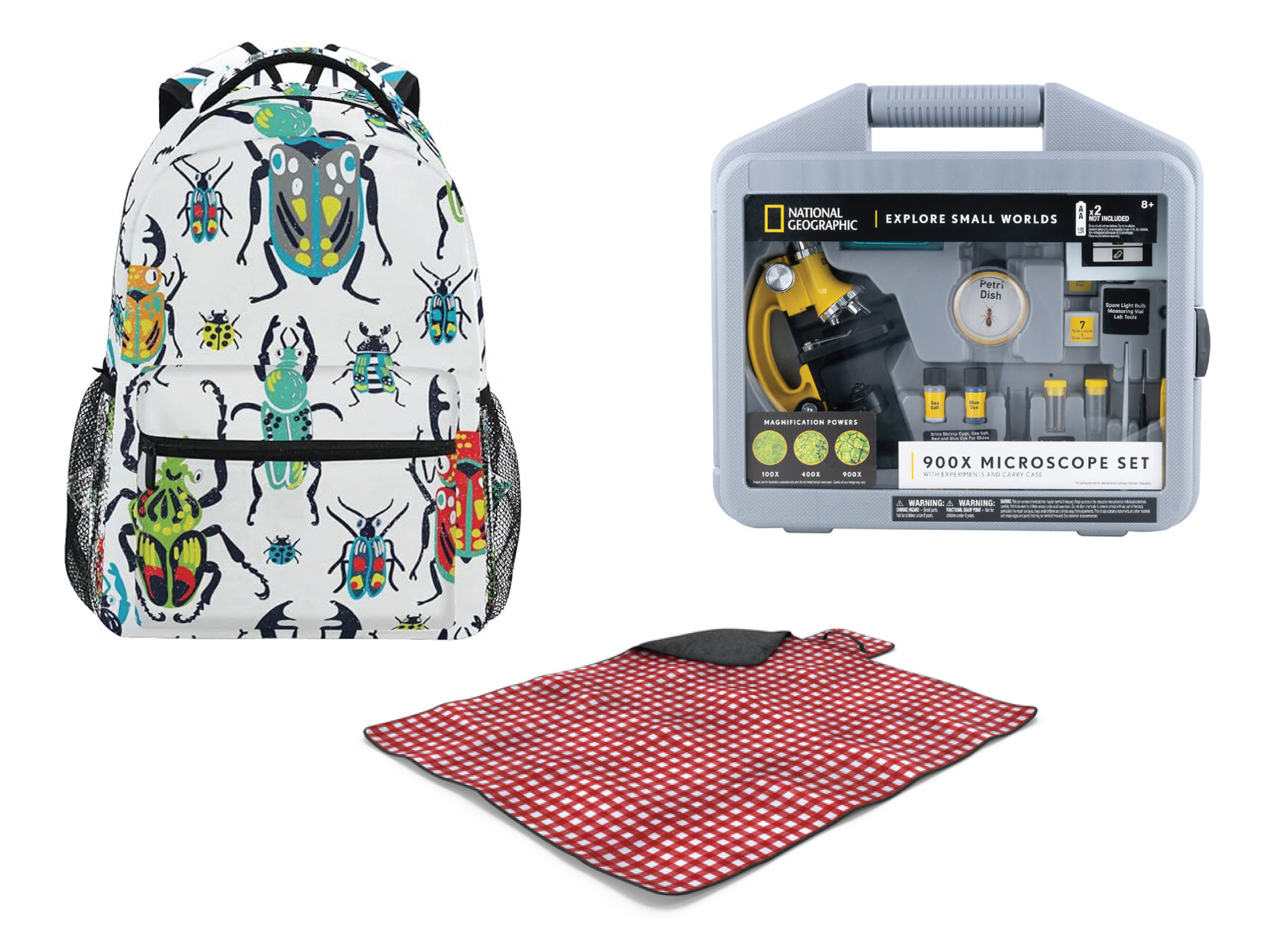 Beetle decal backpack, picnic blanket, and a microscope kit.