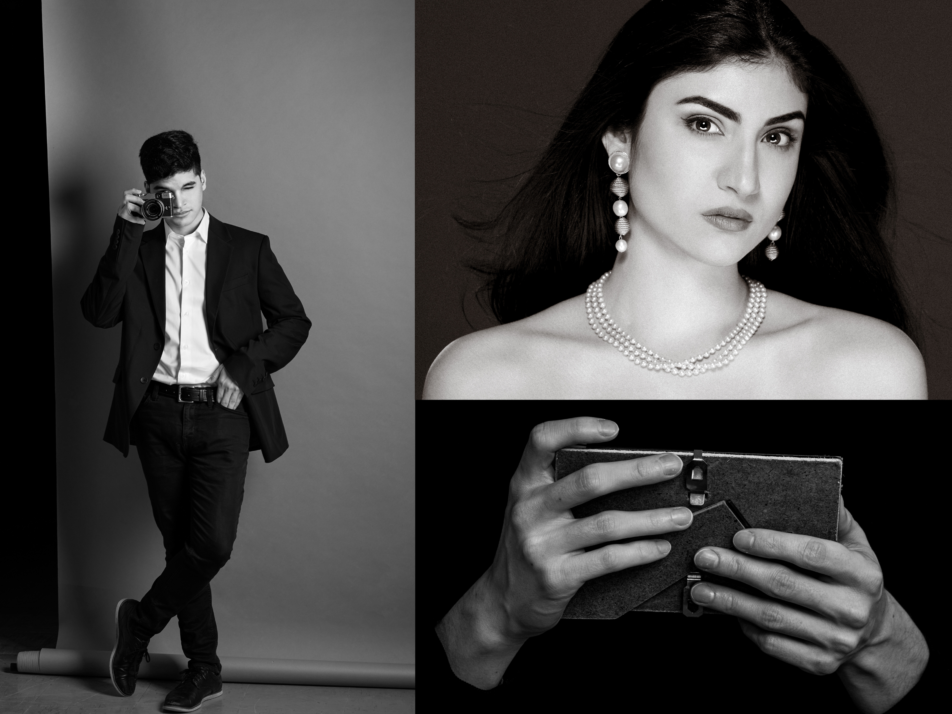 Black‑and‑white collage featuring three scenes: a person in formal attire leaning against a backdrop while holding a phone; a close-up of layered pearl jewelry including earrings and a necklace; and a pair of hands holding a textured clutch or small case