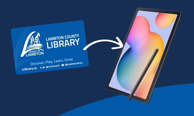 Lambton County Library card and a Samsung Galaxy Tab S6 Lite Tablet on a blue background.